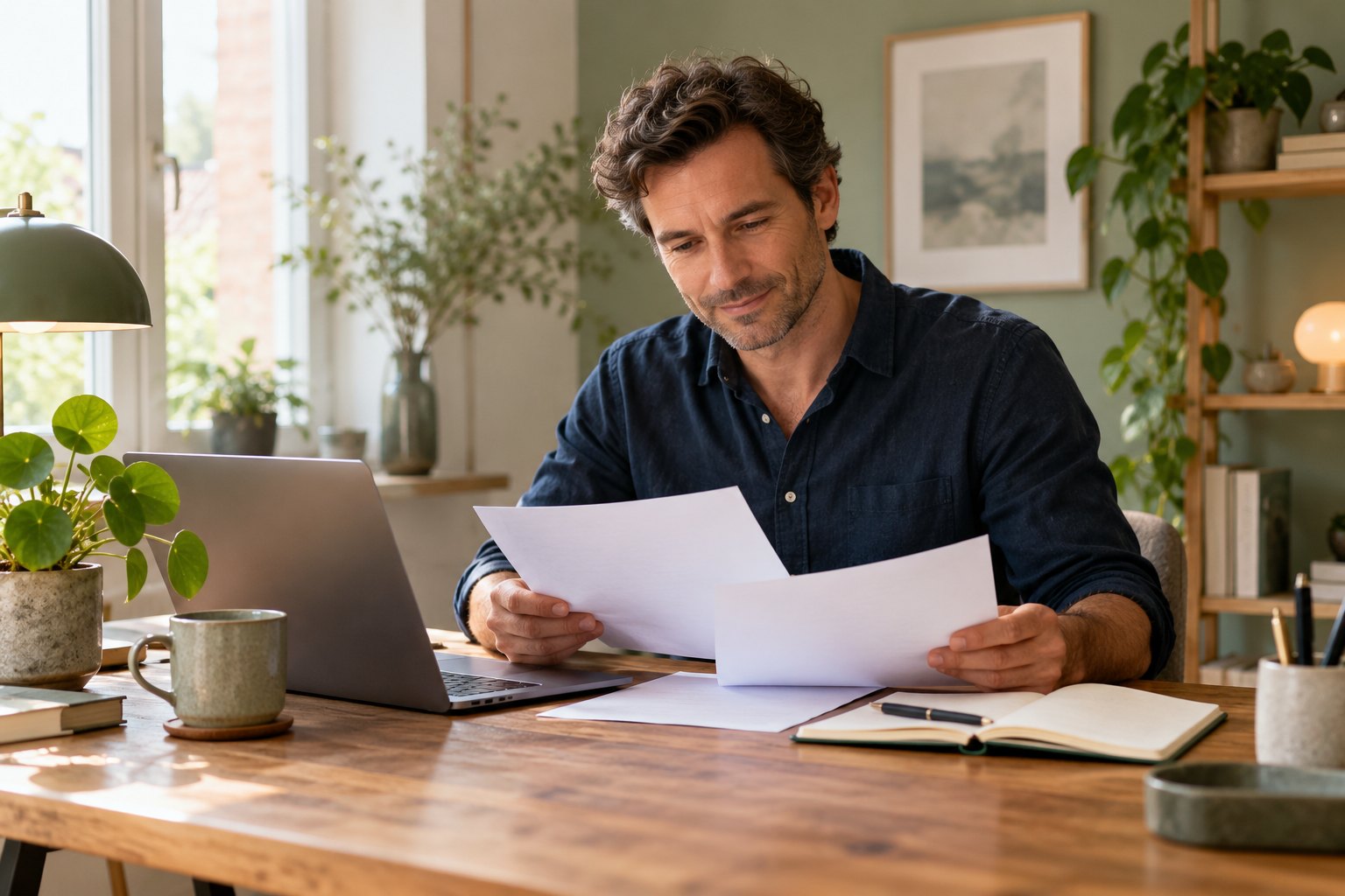 Zelfstandig adviseur werkt aan zijn administratie in een eigen kantoor